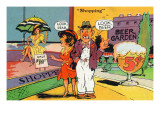 Comic Cartoon - Shopping Scene; Woman Says Look Dear, Husband Says Look Beer Prints