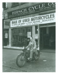 Man on Harley Davidson Motocycle at Hirsch Cycle Co., 1927 Giclee Print by Chapin Bowen
