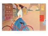 Girl with Bicycle in Front of Eiffel Tower Giclee Print