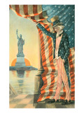 Uncle Sam Viewing Statue of Liberty Giclée-tryk Uncle Sam Viewing Statue of Liberty Giclée-tryk