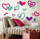Hearts - Aqua, Bright Pink, Purple Wall Decal