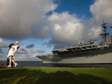 Sculpture Unconditional Surrender with Uss Midway Aircraft Carrier, San Diego, California, USA Photographic Print