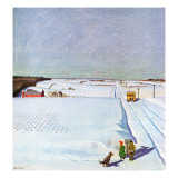 "Waiting for School Bus in Snow," February 1, 1947 Giclee Print by John Falter