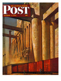 "Boxcars at Grain Elevators," Saturday Evening Post Cover, October 4, 1947 Giclee Print by John Atherton