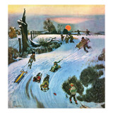 "Sledding by Sunset," December 18, 1948 Reproduction procédé giclée par John Falter