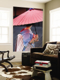 Geisha with Umbrella in Gion District Wandgemälde von Rachel Lewis