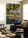 Man Paddling Small Canoe with Sail Near Ayiramthengu Reproduction murale géante par Craig Pershouse