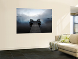 Chairs on Jetty on Mist Shrouded Lake Wall Mural by Denis Corriveau