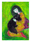 A Japanese Dress Girl Holds Black Cat Giclee Print by Mariko Miyake