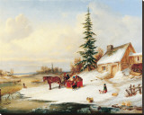 Habitants by a Frozen River Reproduction transférée sur toile par Cornelius Krieghoff