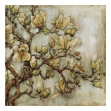 White Magnolia on Blue Linen Posters by Nicole Etienne
