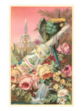 Parrot on Bottle with Roses Giclee Print