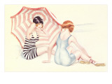 Women in Swim Suits with Umbrella Lámina giclée