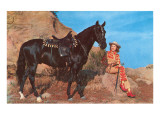 Cowgirl with Black Horse Giclee Print