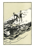 Woodcut of Two Surfers Photo