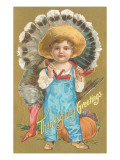 Thanksgiving Greetings, Farmer Boy with Turkey Giclee Print