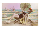 Woman in Beach Chair with Parasol Prints