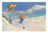 Two Women on Skis Leaping over the Snow Poster