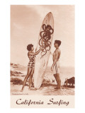 Couple with Surfboard with Octopus Motif Posters
