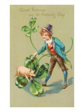 St. Patricks Day, Pig, Leprechaun and Shamrock Giclee Print
