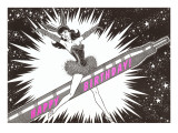 Retroline Lady Riding Rocket, 'Happy Birthday' Posters