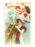 To My Valentine, Lady Holding Ladder for Cupid Prints