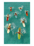 Surfers Paddling on Multi-Colored Boards, from Above Print