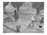 A man walking his dog sees a mysterious figure with bird feet feeding pige… - New Yorker Cartoon Premium Giclee Print by Jason Patterson