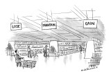Three signs hang over three aisles in a supermarket. - New Yorker Cartoon Premium Giclee Print by Nick Downes
