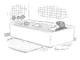 A man takes a bath. There is a nest full of eggs on his head and a rubber … - New Yorker Cartoon Premium Giclee Print by Danny Shanahan