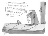 A machine called "test your patience" chatters about minutia.  "...but rea… - New Yorker Cartoon Premium Giclee Print by Zachary Kanin