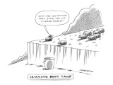 Atop a short cliff, a lemming drill sergeant berates another lemming as ot… - New Yorker Cartoon Premium Giclee Print by Mick Stevens