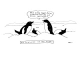Two penguins are seen talking in the snow next to two penguins who are lyi… - New Yorker Cartoon Premium Giclee Print by Michael Shaw