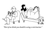 A centaur reclines on a couch. His psychiatrist sits beside him in the opp… - New Yorker Cartoon Premium Giclee Print by Ariel Molvig