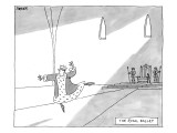 A monarch strikes a ballet dancing pose. Several feet behind him is his th… - New Yorker Cartoon Premium Giclee Print by Jack Ziegler