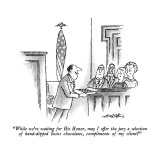 "While we're waiting for His Honor, may I offer the jury a selection of ha…" - New Yorker Cartoon Premium Giclee Print by Henry Martin