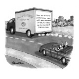 Couple in a convertible drive behind a truck which has "Does our driver's … - New Yorker Cartoon Premium Giclee Print by J.B. Handelsman