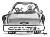 A bumper sticker on the back of someone's car reads, "My collie is smarter… - New Yorker Cartoon Premium Giclee Print by Lee Lorenz