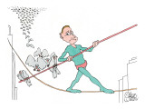 A tightrope walker is seen walking across a line with birds landing on one… - New Yorker Cartoon Premium Giclee Print by Gahan Wilson