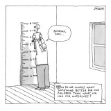A father holds his son up to an eight-foot mark on the wall in front of hi… - New Yorker Cartoon Premium Giclee Print by Jack Ziegler