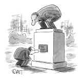 Man bending down to read the plaque on a statue of a man bending down to l… - New Yorker Cartoon Premium Giclee Print by Christopher Weyant
