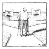 An elderly man is seen standing next to two arrow signs pointing in opposi… - New Yorker Cartoon Premium Giclee Print by Matthew Diffee