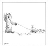 A male angel walks his dog on a leash across some clouds. The dog's head i… - New Yorker Cartoon Premium Giclee Print by Harry Bliss