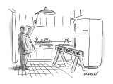 Man turns on light in kitchen to find his refrigerator blocked by a "No Cr… - New Yorker Cartoon Premium Giclee Print by Frank Modell