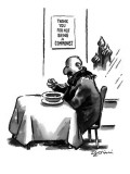 Russian man in restaurant eats under a sign which reads "Thank You For Not… - New Yorker Cartoon Premium Giclee Print by Eldon Dedini