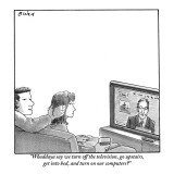 "Whaddaya say we turn off the television, go upstairs, get into bed and tu…" - New Yorker Cartoon Premium Giclee Print by Harry Bliss