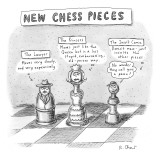 Three chess pieces are seen on a chess board assuming new identities.  - New Yorker Cartoon Premium Giclee Print by Roz Chast