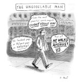 A man is seen walking down the sidewalk with word bubbles around him decla… - New Yorker Cartoon Premium Giclee Print by Roz Chast