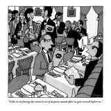 "I like to sit facing the room to see if anyone seated after us gets serve…" - New Yorker Cartoon Premium Giclee Print by William Haefeli