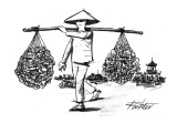 Peasant's load, carried in nets at the ends of a bamboo pole, consists of … - New Yorker Cartoon Premium Giclee Print by Mischa Richter